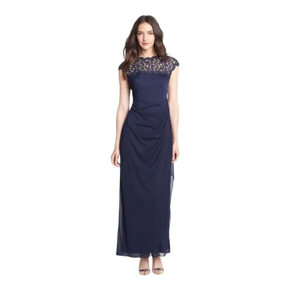 NWT Alex‎ Evenings Lace Ruffle Column Gown in Navy Size 6 - Picture 1 of 13